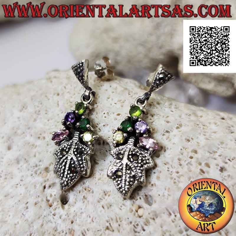 Silver lobe earrings with 5 multicolor zircons set and leaf studded with marcasite
