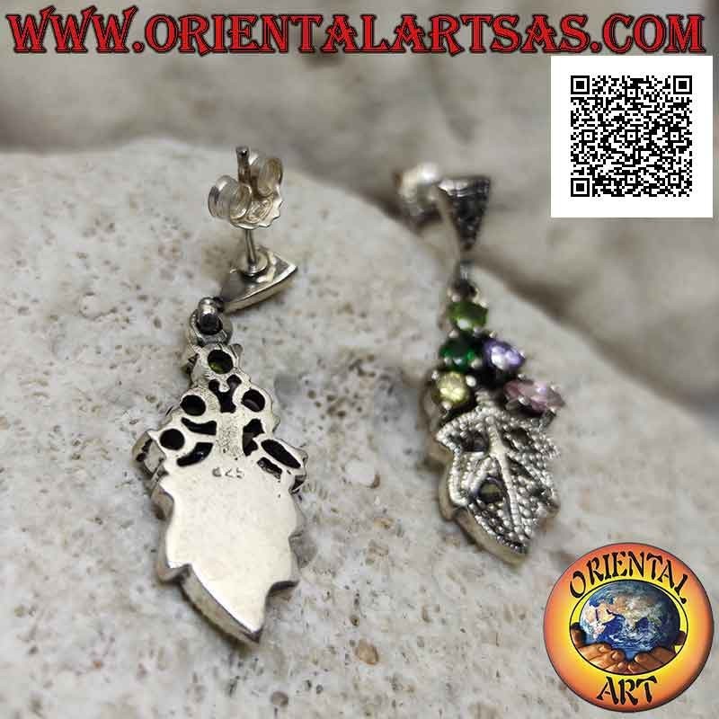 Orecchini in argento da lobo con 5 zirconi multicolor incastonati e foglia tempestata di marcassite