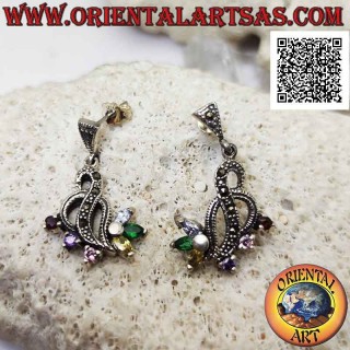 Pendientes de plata, entretejido de hilos tachonados de marcasita con 3 circonitas multicolores redondas y 3 lanzaderas