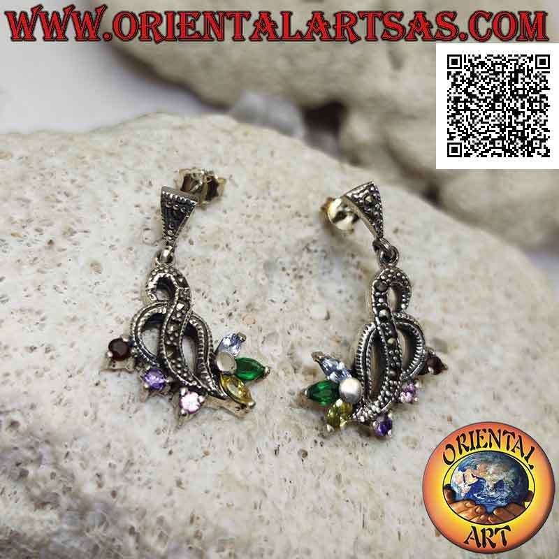 Silver earrings, interweaving of threads studded with marcasite with 3 round multicolor zircons and 3 shuttle