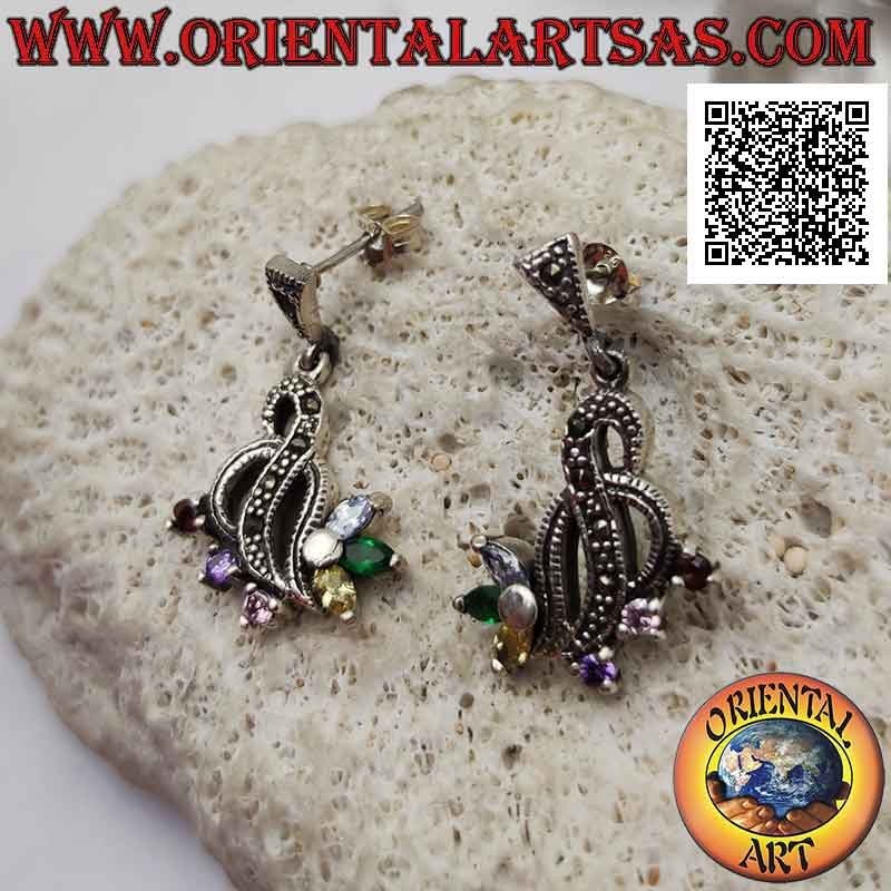 Silver earrings, interweaving of threads studded with marcasite with 3 round multicolor zircons and 3 shuttle