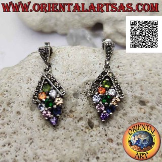 Orecchini in argento, rombo di 9 zirconi tondi multicolor incastonati con arco di marcassite sopra