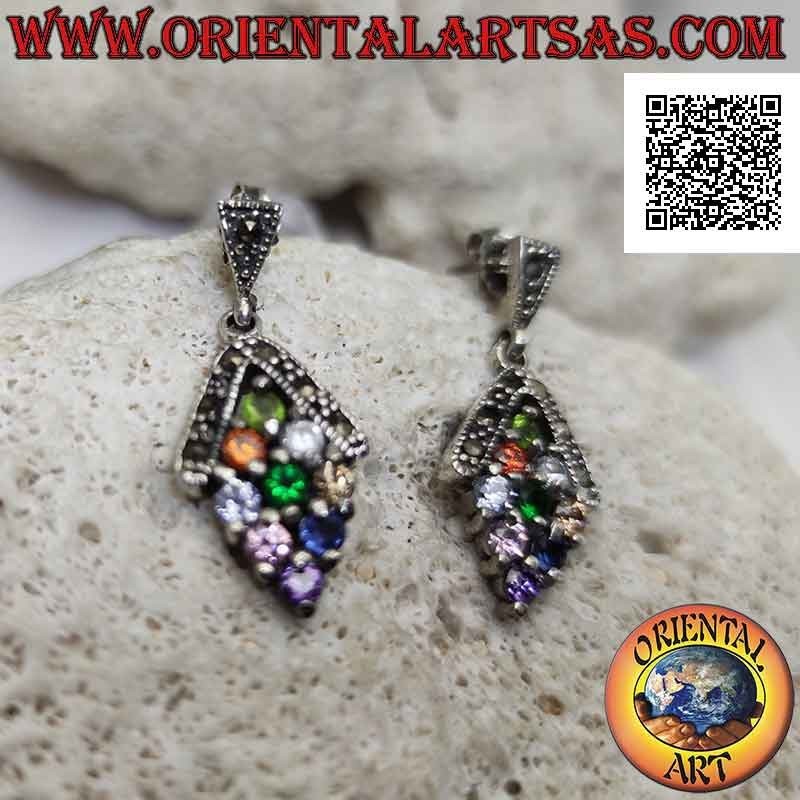 Silver earrings, rhombus of 9 multicolor round zircons set with a marcasite arch above