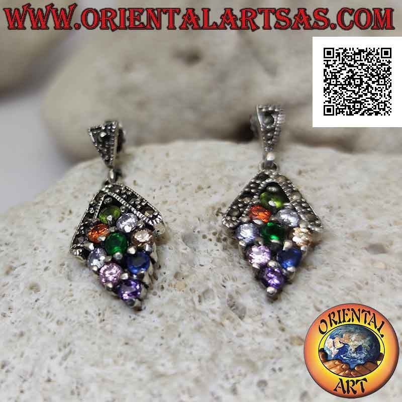 Silver earrings, rhombus of 9 multicolor round zircons set with a marcasite arch above