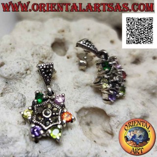 Pendientes de plata, estrella de seis puntas de circonitas redondas multicolores engastadas y centro con marcasita