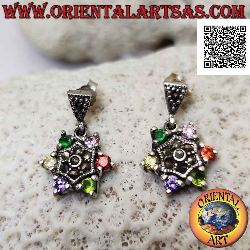 Silver earrings, six-pointed star of multicolor round zircons set and center with marcasite