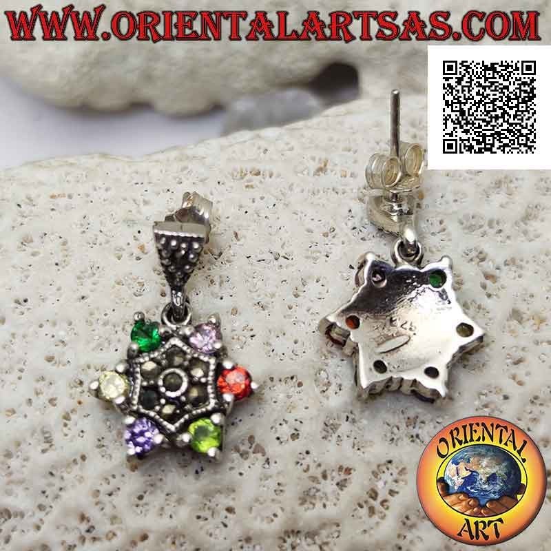 Pendientes de plata, estrella de seis puntas de circonitas redondas multicolores engastadas y centro con marcasita