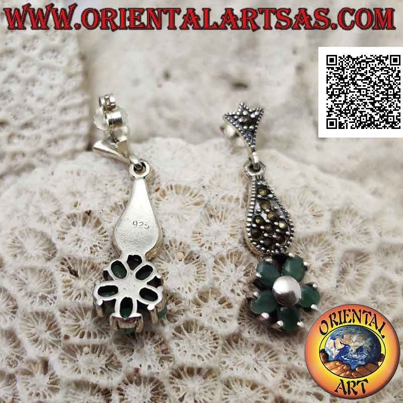 Silver earrings with 5 natural oval emeralds set to form a flower under a drop of marcasite