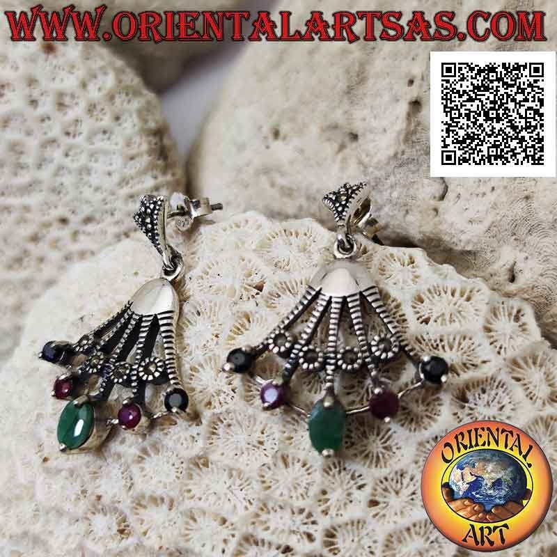 Silver fan pendant earrings with natural sapphires, rubies and emeralds on the tips alternating with marcasite