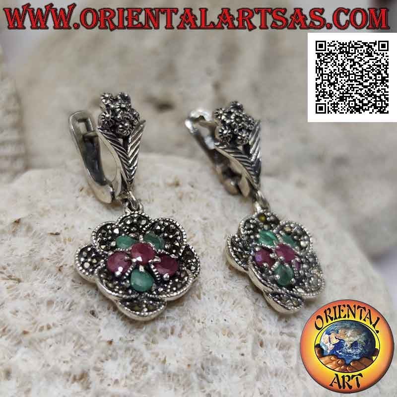 Silver flower pendant earrings with alternating rubies and emeralds and marcasite petals
