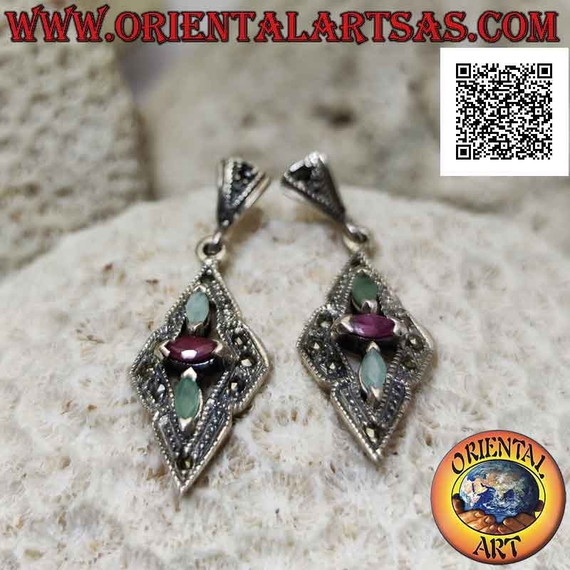 Silver marcasite rhombus pendant earrings with sheath dress set among shuttle emeralds