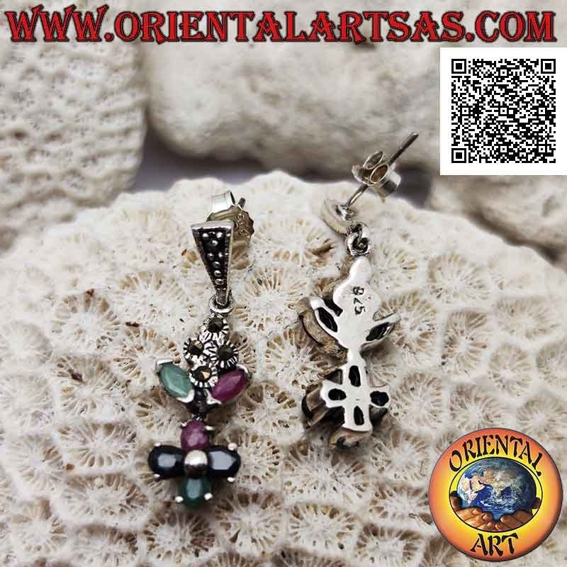 Silver pendant earrings with a composition of emeralds, rubies and natural sapphires set and marcasite