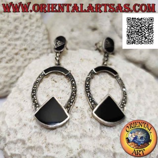 Silver earrings, oval line studded with marcasite with onyx slice underneath