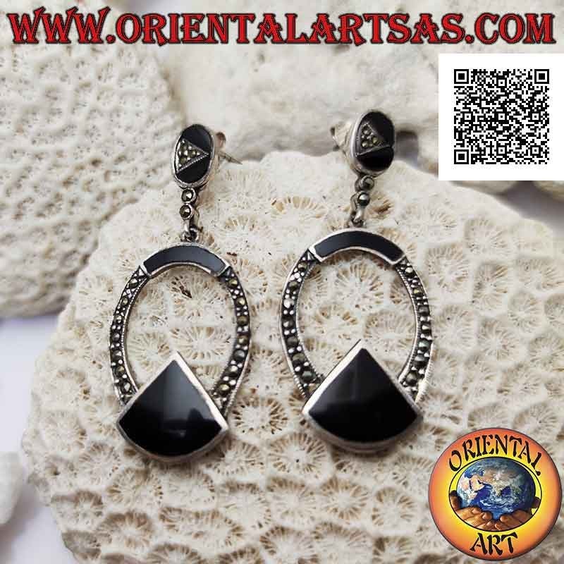 Pendientes de plata, línea ovalada tachonada de marcasita con una rodaja de ónix debajo