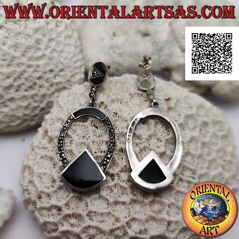 Silver earrings, oval line studded with marcasite with onyx slice underneath