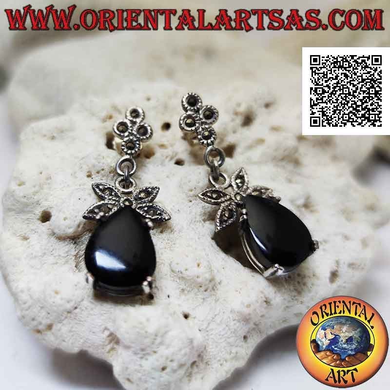 Silver earrings with drop onyx set and bow studded with marcasite above