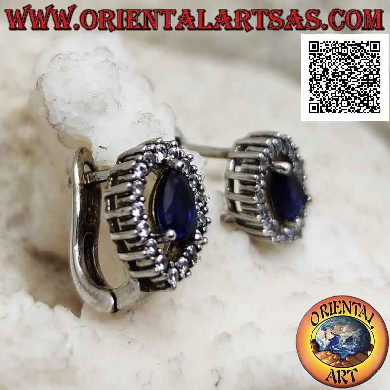Pendientes de plata con zafiro sintético en forma de lágrima rodeado de una gota invertida de circonitas blancas