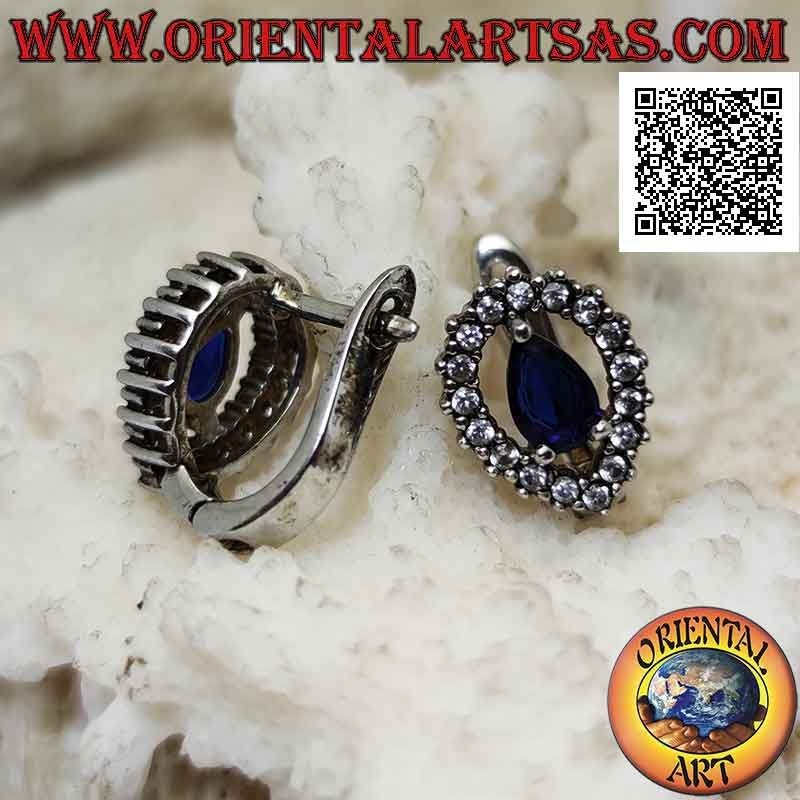 Boucles d'oreilles en argent avec saphir synthétique en forme de larme entouré d'une goutte inversée de zircons blancs