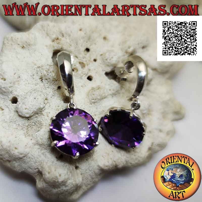 Silver earrings, smooth semicircle with round synthetic amethyst set pendant