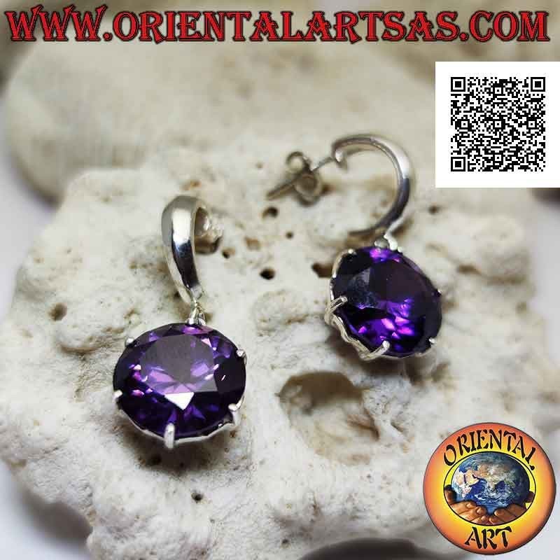 Silberne Ohrringe, glatter Halbkreis mit rundem Anhänger aus synthetischem Amethyst