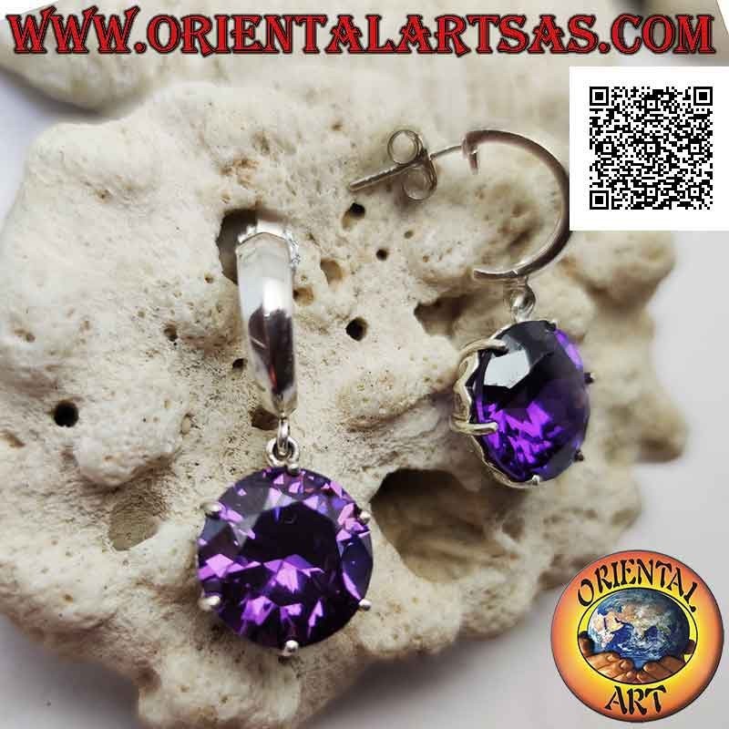 Boucles d'oreilles en argent, demi-cercle lisse avec pendentif rond serti d'améthyste synthétique