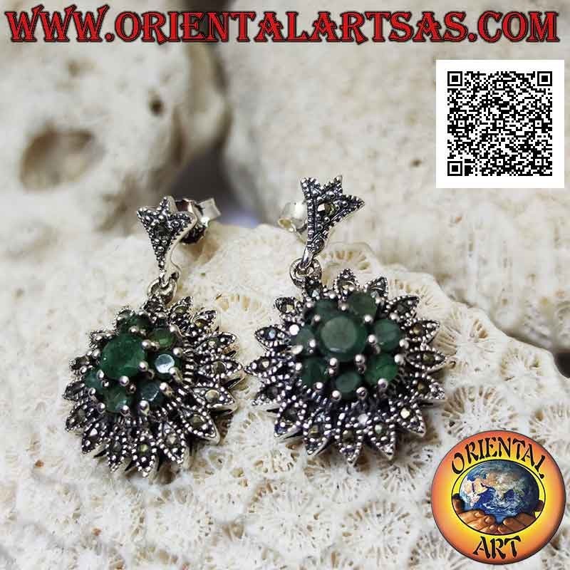 Silver earrings in the shape of a Dahlia flower with set round emeralds and marcasites