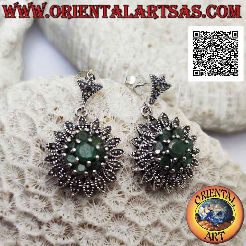 Silver earrings in the shape of a Dahlia flower with set round emeralds and marcasites