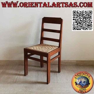 Silla antigua maciza en madera de teca y asiento de paja de Viena