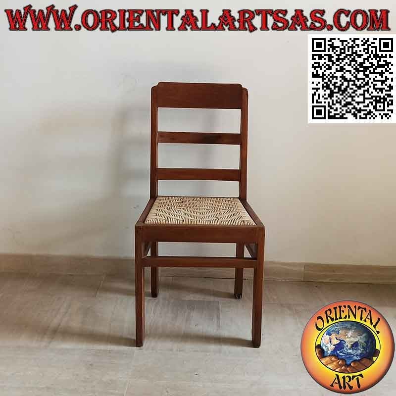 Silla antigua maciza en madera de teca y asiento de paja de Viena