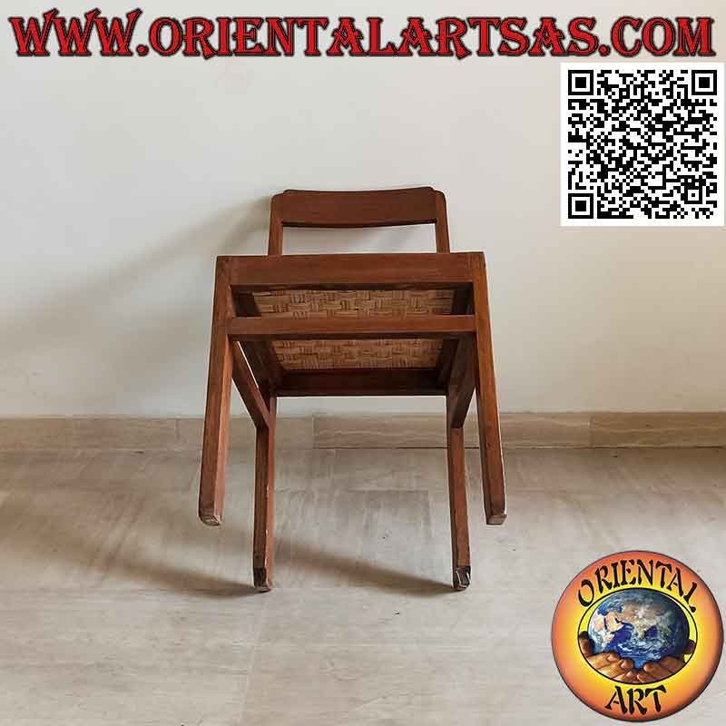 Silla antigua maciza en madera de teca y asiento de paja de Viena