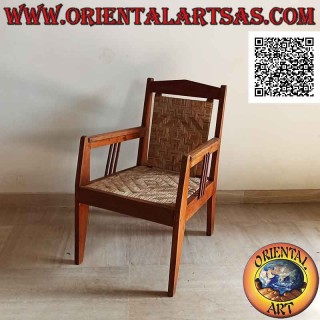 Fauteuil de salon bas en bois de teck avec assise et dossier en paille de Vienne (triple sangle)