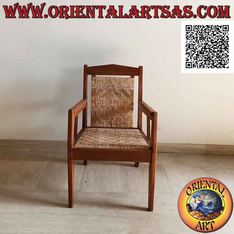 Fauteuil de salon bas en bois de teck avec assise et dossier en paille de Vienne (triple sangle)