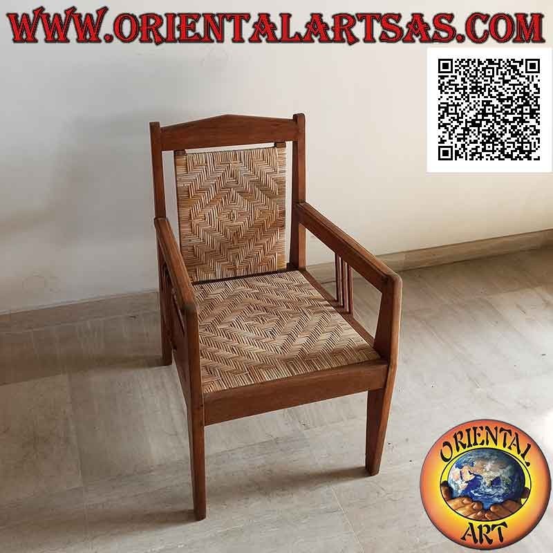 Niedriger Wohnzimmer-Sessel aus Teakholz mit Sitz und Rückenlehne aus Wiener Stroh (Dreifachriemen)