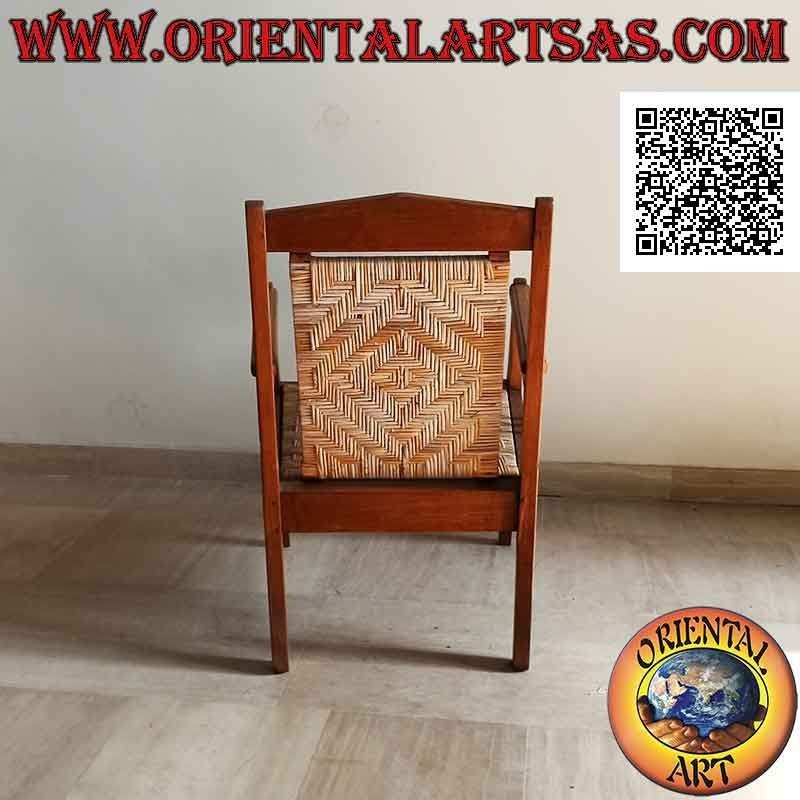 Niedriger Wohnzimmer-Sessel aus Teakholz mit Sitz und Rückenlehne aus Wiener Stroh (Dreifachriemen)