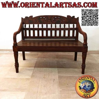 Panca antica coloniale con decorazione floreale intagliata a mano in legno di teak