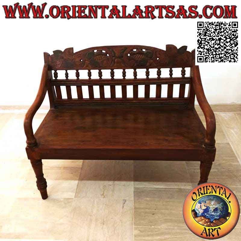 Banc colonial ancien à décor floral sculpté à la main en bois de teck