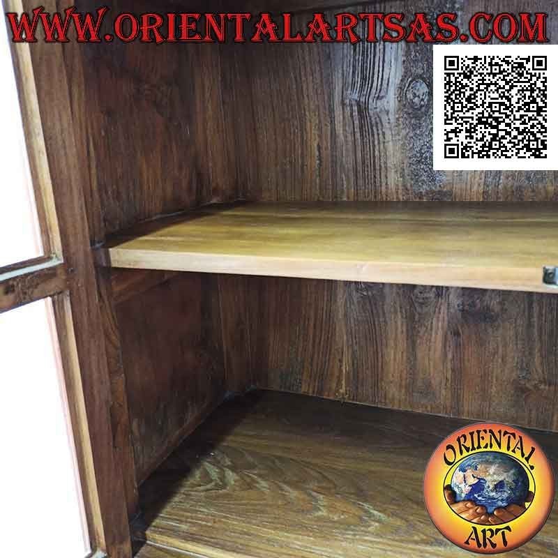 Aparador alto con 2 puertas de cristal y 2 puertas cerradas en madera con cajones centrales en madera de teca