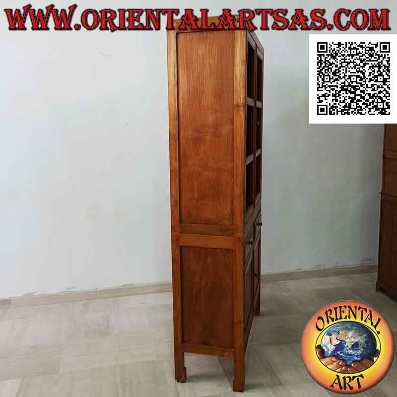 Aparador alto con 2 puertas de cristal y 2 puertas cerradas en madera con cajones centrales en madera de teca