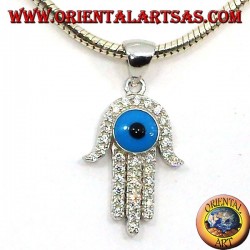 silver pendant, hand of fatima with eye and zircons