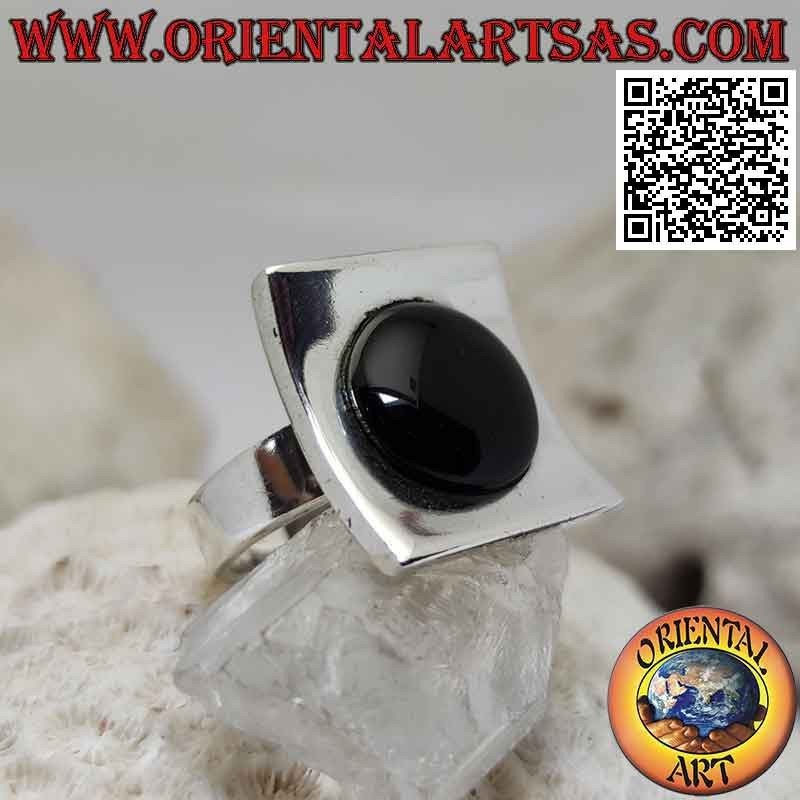 Concave square smooth silver ring with central round cabochon onyx