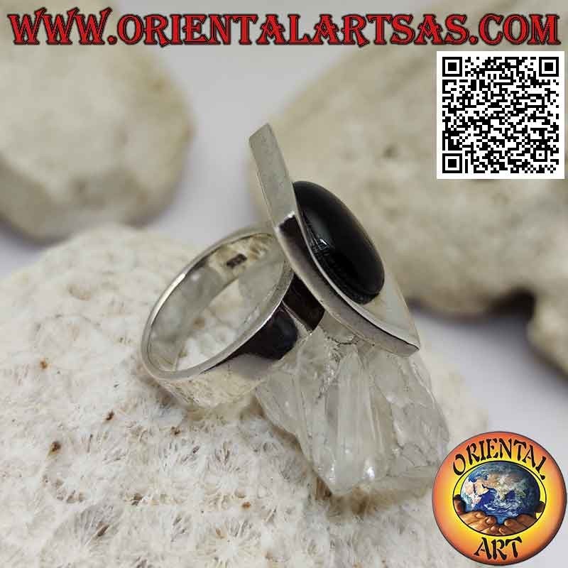 Konkaver quadratischer glatter Silberring mit zentralem rundem Cabochon-Onyx