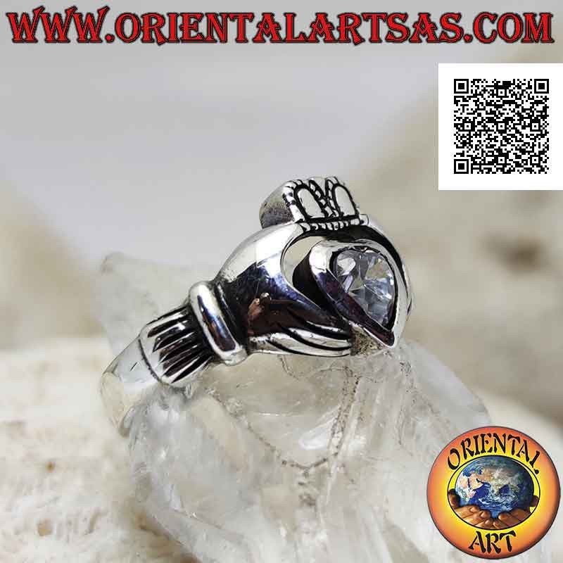 Bague en argent Irish Claddagh (Amour, loyauté et amitié) arrondie d'un cœur en zircon blanc