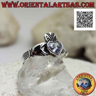 Klassischer irischer Claddagh (Liebe Loyalität und Freundschaft) Silberring mit weißem Zirkonherz