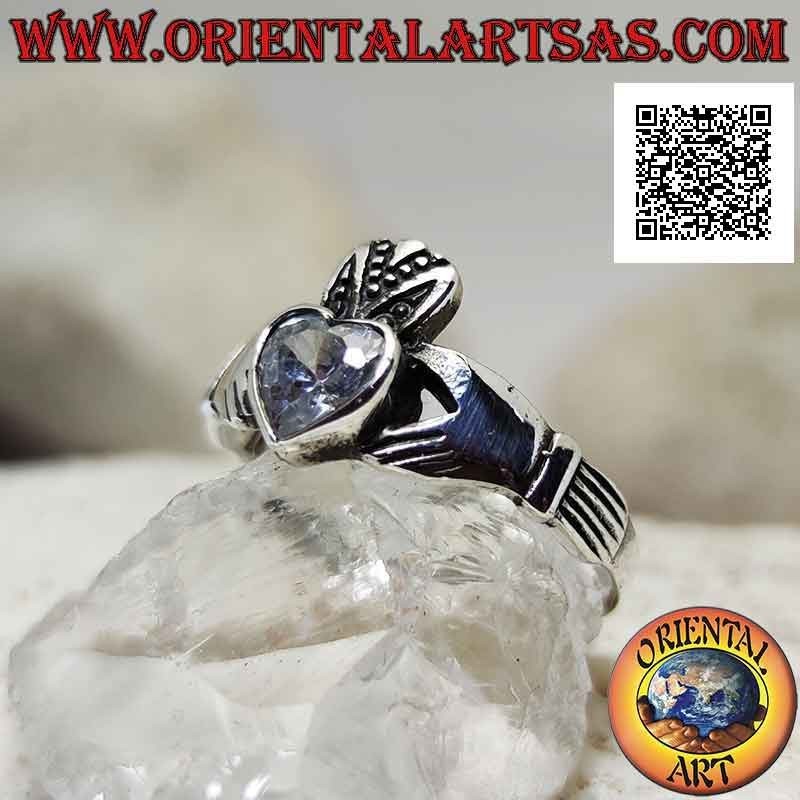 Classic Irish Claddagh (Love loyalty and friendship) silver ring with white zircon heart