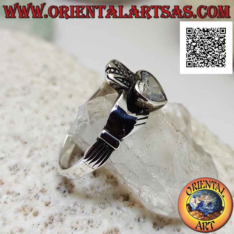 Classic Irish Claddagh (Love loyalty and friendship) silver ring with white zircon heart