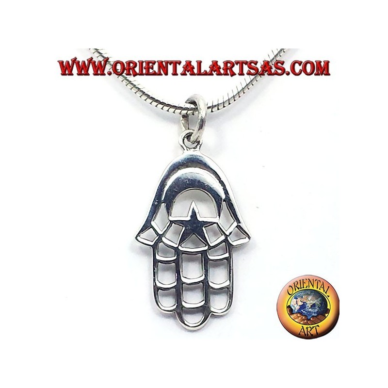 Silber Anhänger, Hand von Fatima mit dem Mond und Stern