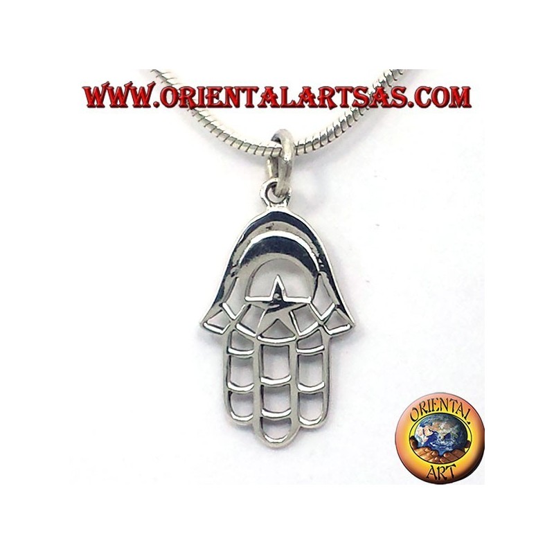 pendentif en argent, main de Fatima avec la Lune et Star
