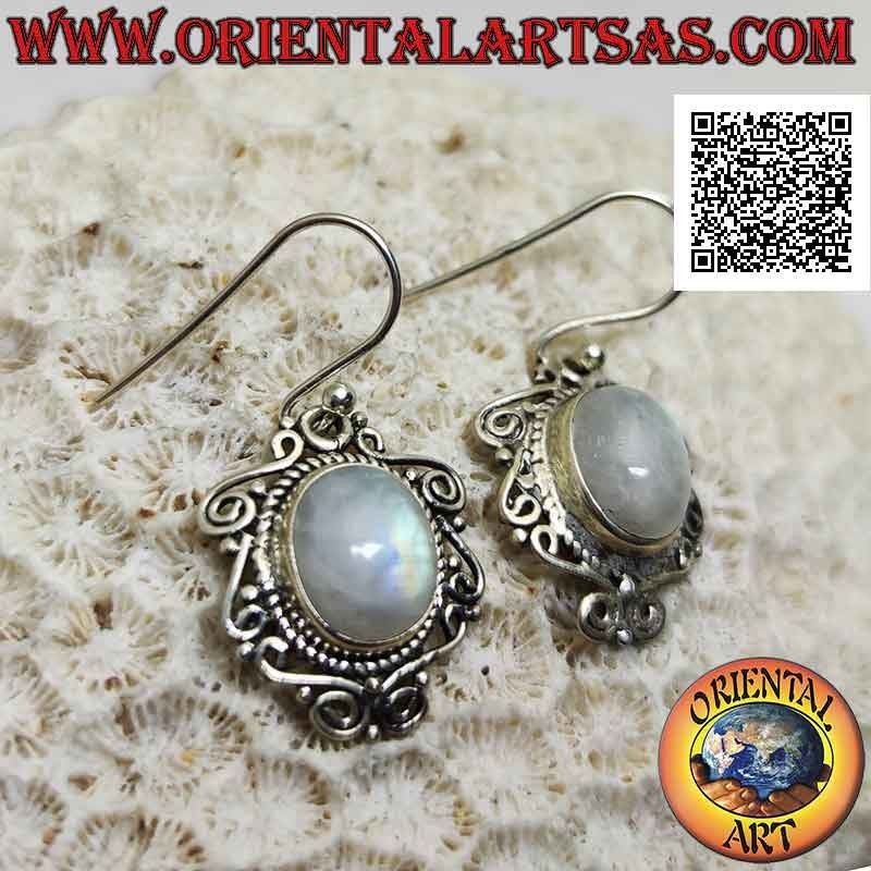 Silver earrings with oval cabochon rainbow moonstone surrounded by interweaving and perforated Greek frets