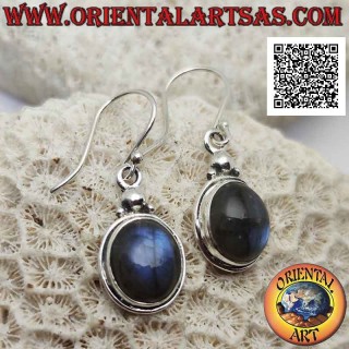 Silver earrings with round cabochon labradorite and trio of balls above