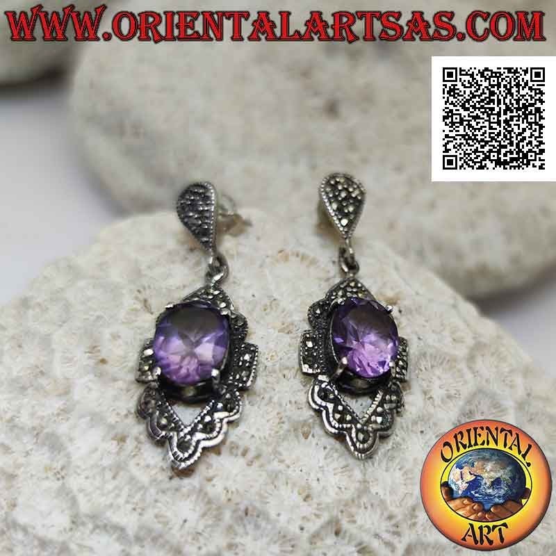Pendientes de plata con amatista facetada natural engastada en un marco tachonado de marcasita